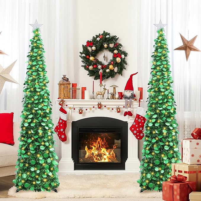 HMASYO 6 FT Pop Up Christmas Tree with 100 LED Lights & Remote, Green Christmas Tinsel Tree, Collapsible Artificial Pencil Tree for Home Office Party Decor, USB Powered Timer Lights, Easy Assembly