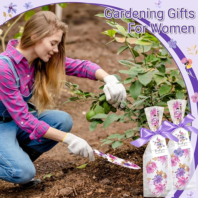 Capoda 12 Sets Floral Garden Shovels Bulk Gardening Gift for Women Mini Garden Tools Heavy Duty Floral Hand Trowels Thank You Cards with Gift Bags for Mom Birthday Teacher Employee(Purple,Elegant)