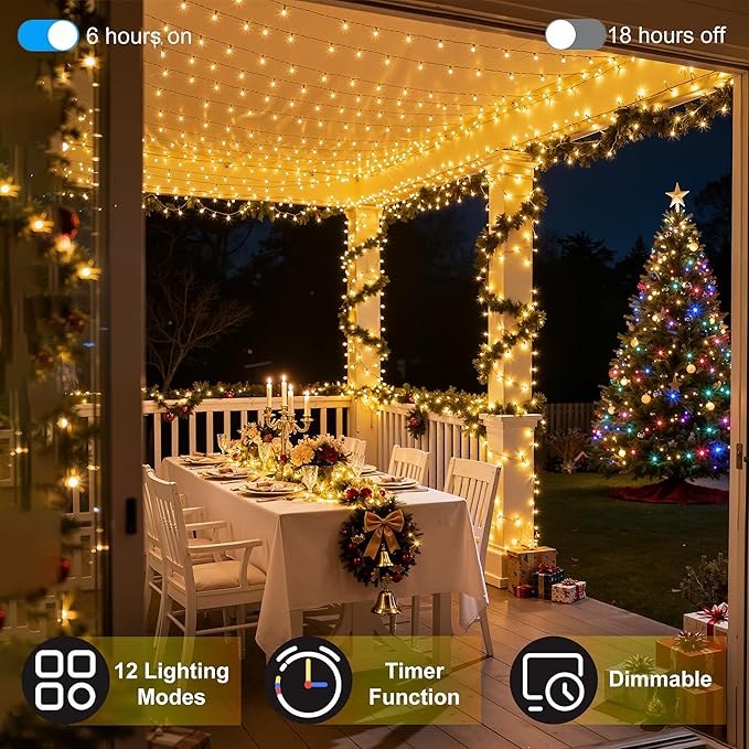 350LED 90FT Christmas Lights Indoor Outdoor, 12 Modes Warm White Outdoor String Lights with Timer & Dimmable, Green Wire Christmas String Lights for Indoor Tree Patio Yard Fence Bedroom Wedding Garden