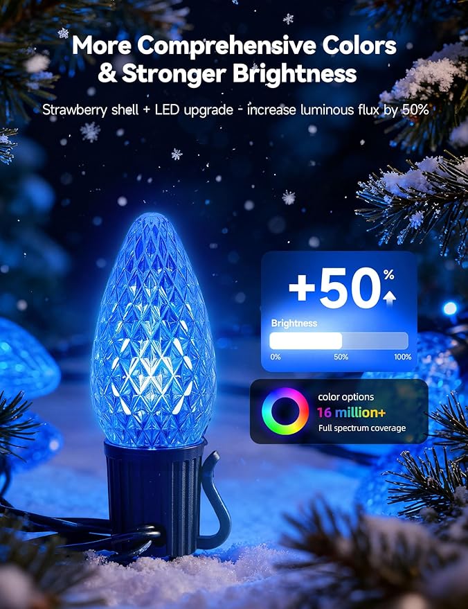 Minetom Smart C9 Christmas Lights Outdoor, 200 LED 213FT Christmas Color Changing Fairy Lights App Control, Music Sync, 105 Preset Modes, Connectable RGB C9 String Lights for House Indoor Xmas Decor