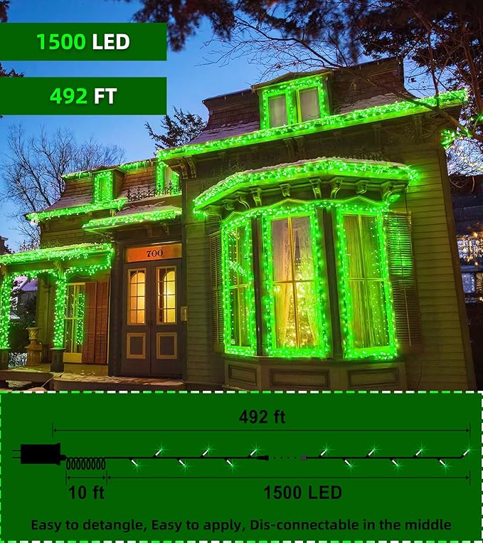 1500 LED Chrstmas String Lights, 492FT Super Long Christmas Lights with 8 Modes, Christmas Tree Lights with Timer Memory for Indoor Outdoor Tree Fence Garden Xmas Wedding Party Decor Green