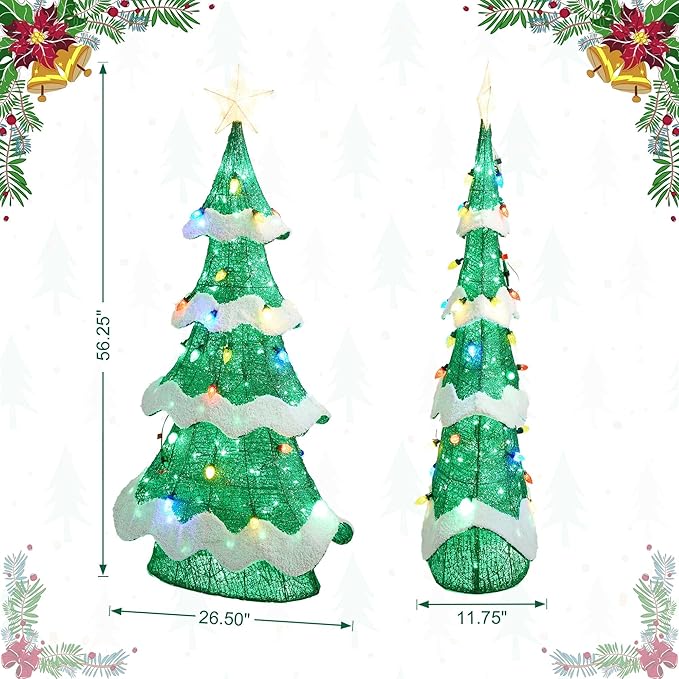 Glitzhome 56.25" H Lighted Christmas 3D Mesh Tree, Outdoor Decor with Colorful Long-Lasting Bulbs Holiday Lawn Ornament Yard Decoration Outdoor and Indoor use Long Lasting, 171 Green LED Lights