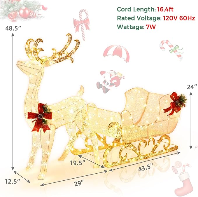 Tangkula 6 FT Christmas Lighted Reindeer & Santa’s Sleigh, Xmas Lighted Outdoor Yard Decoration W/ 215 LED Lights & 4 Ground Stakes, Artificial Christmas Décor for Indoor & Outdoor