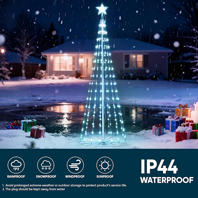 JOIEDOMI LED Christmas Cone Tree Lights, 6FT Outdoor Lighted Tree with 8 Lighting Modes & Star Topper, Christmas Decorations for Yard Porch Patio Garden Holiday Decor, Cool White