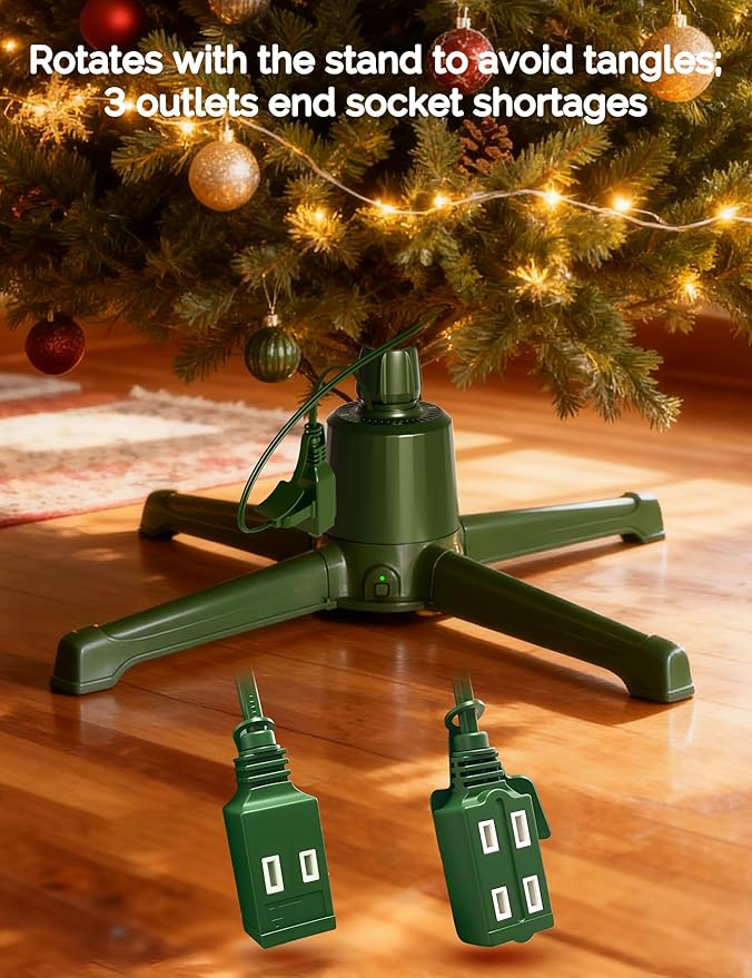 COOLWUFAN Musical Rotating Christmas Tree Stand with Remote Control, Built-in Electrical Outlets Xmas Tree for Up to 9ft Artificial Trees, Stable 360 Degree Spinning Tree Base Holder