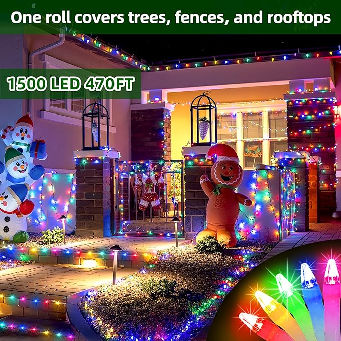 1500 LED Chrstmas Lights,470ft Outdoor Christmas String Lights with 12 Modes, Multicolor LED String Lights with Timer Dimmable Waterproof for Tree Fence Garden Xmas Halloween Party Holiday Decor
