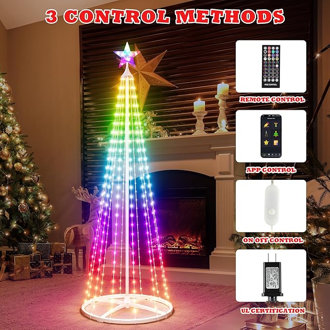 5FT Outdoor Christmas Tree Lights, Multicolor Prelit Smart Cone Christmas Tree with Star, Music Sync, App & Remote Control, LED Light Show Tree for Indoor Outdoor Decorations