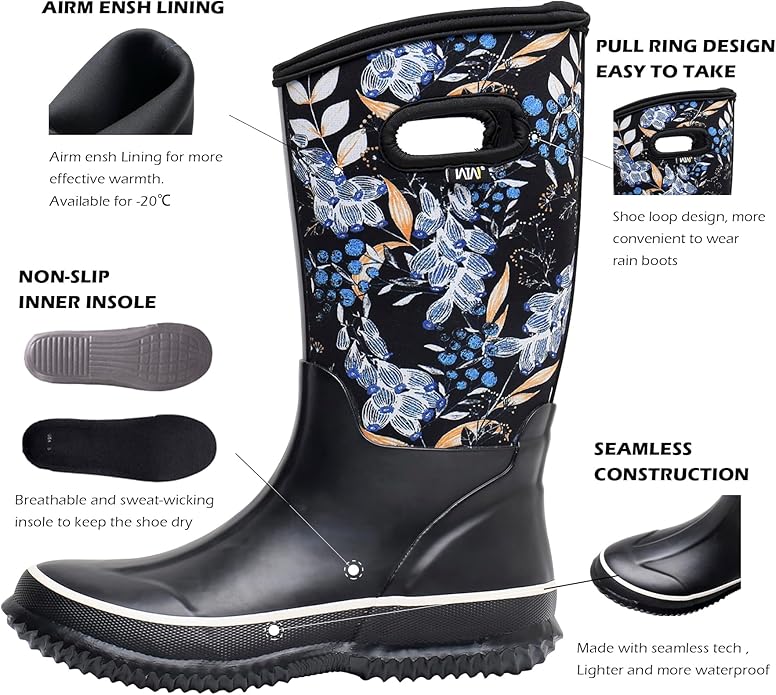 WTW Mid Calf Rain Boots for Women - Waterproof Insulated Neoprene Mud Boots Outdoor Hunting Garden Boots