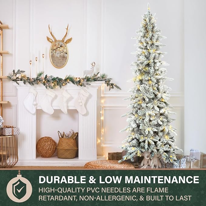 Fraser Hill Farm 7.5-Ft Slim Mountain Pine Flocked Artificial Christmas Tree with Dual Multicolor & White LED Lights & Stand, Prelit Skinny Fake Tree with Realistic Snowy Foliage, Home Holiday Décor