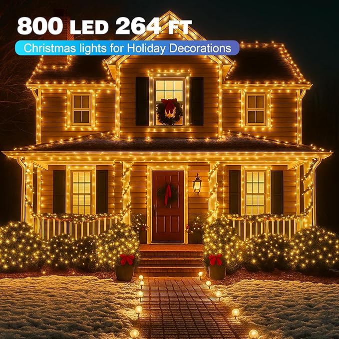 Christmas Lights 800 LED 264 FT, IP67 Waterproof Christmastree Lights with 8 Modes, Remote Control 3 Timers & Memory Function Xmas Decorations for House and Holiday (Warm White)