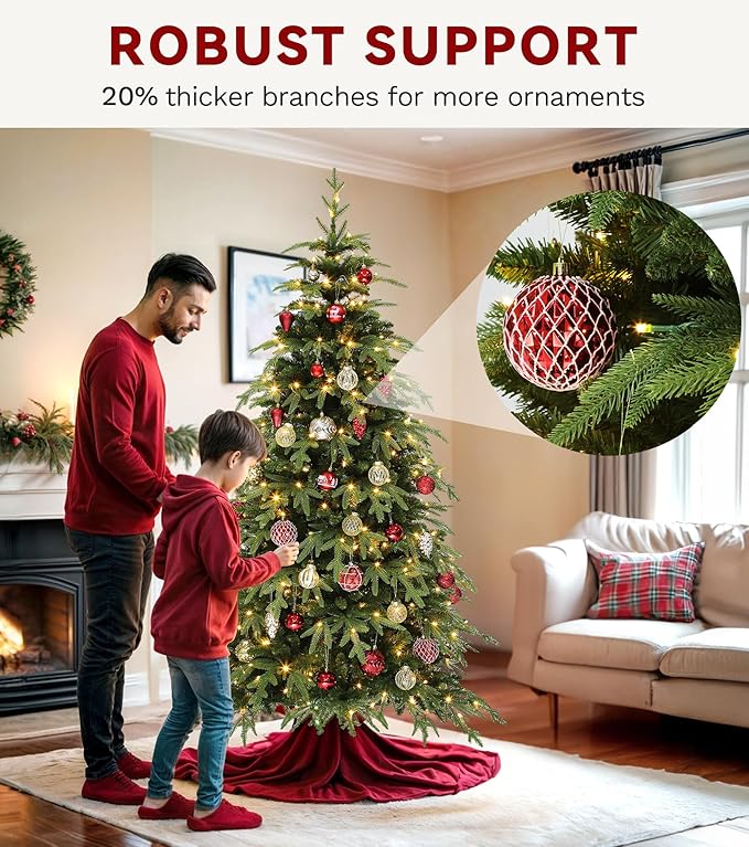 DWVO 7.5ft Pre-lit Artificial Christmas Tree with 2199 Mixed PE & PVC Branch Tips and 400 Lights, Green Christmas Tree, Fit for Home, Office, and Party Decoration