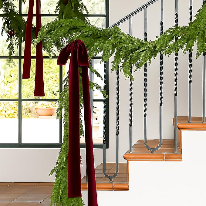 Janinka 6 Pcs Burgundy Large Velvet Christmas Swag Bow 31.5 x 23.6 inch Vintage Christmas Ornament Wine Red Rustic Velvet Staircase Wreath Bows Xmas Tree Topper Bows Large Bow for Outdoor