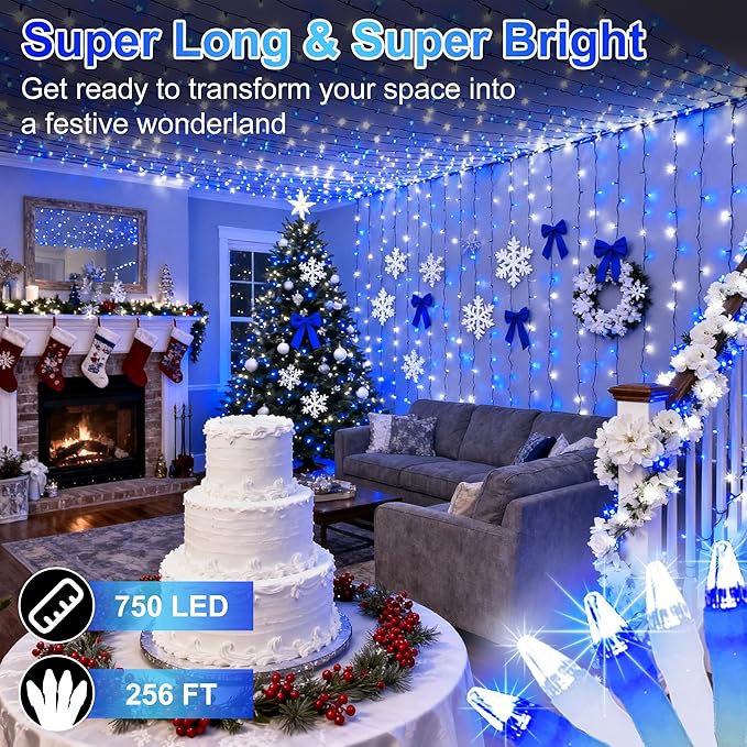 750 LED 256FT Christmas String Lights, Christmas Light with 8 Lighting Modes & Timer Memory, Plug in Outdoor Waterproof Clear Wire Twinkle Light for for Xmas Yard Tree Party Decor Blue and White