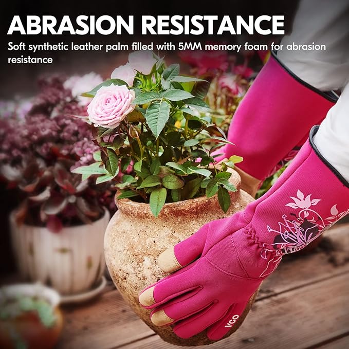 Vgo 1-Pair Ladies' Synthetic Leather Gardening Gloves, Long Sleeves Gauntlet, Breathable & Grip Work Gloves, High Dexterity, Washable (Size M, Red, SL7445)