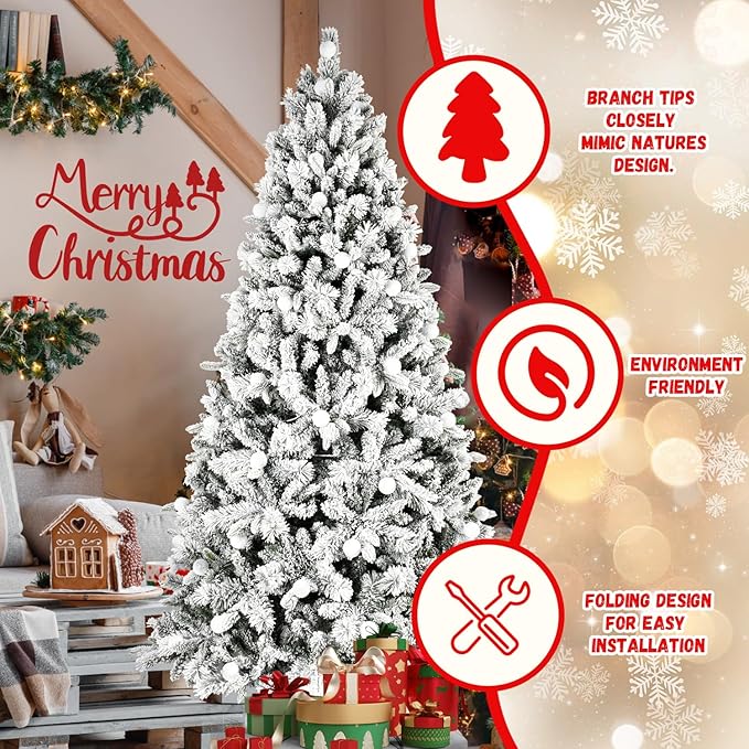 7.5FT Prelit Flocked Christmas Tree with 400 Two Color LED Lights and 45 Colorful Bauble Lights, 10 Flashing Modes, Pre Lit Artificial Christmas Tree with Snow and Memory Wire Technology for Holiday