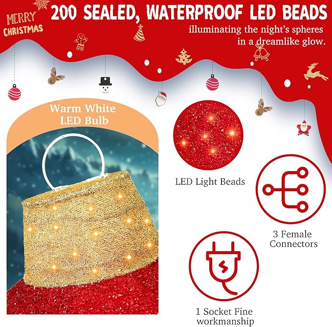 2Pcs 3FT Lighted Christmas Ornament Set - Expandable Outdoor, Indoor Holiday Decor with 200 LED Lights, Easy Assembly & Weatherproof, Red & Green Light-Up Ball for Yard, Garden, Storefront.