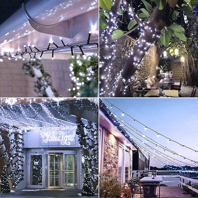 JMEXSUSS 200 LED White Christmas Lights Outdoor, 66ft Christmas Tree Lights Green Wire, 8 Modes Waterproof Twinkle String Lights Plug in for Xmas Wedding Party Indoor Decoration
