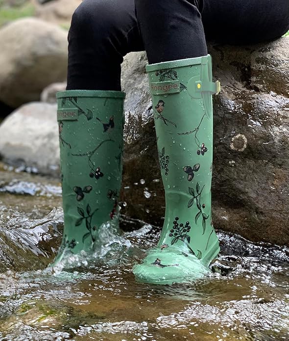 Rongee Rain Boots for Women Waterproof Garden Outdoor Mud Boots Printed with Adjustable Buckle