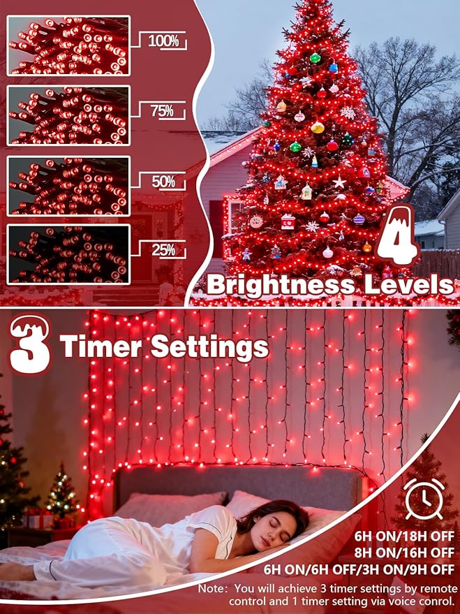 Voice Controlled Christmas Lights with Remote, 99 FT 300 LED String Lights Indoor Outdoor with 12 Modes 3 Timers, Dimmable Twinkle Light Plug in Waterproof for Xmas Tree Yard Party Decorations, Red