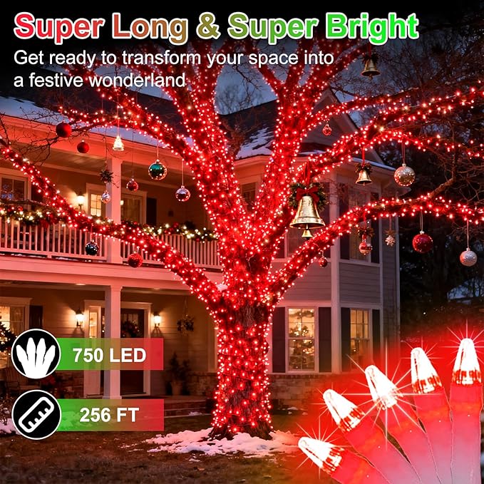 750 LED 256FT Christmas String Lights Outdoor, Christmas Light with 8 Lighting Modes& Timer & Memory, Plug in Outdoor Waterproof Clear Wire Twinkle Light for for Xmas Yard Tree Party Decor Red