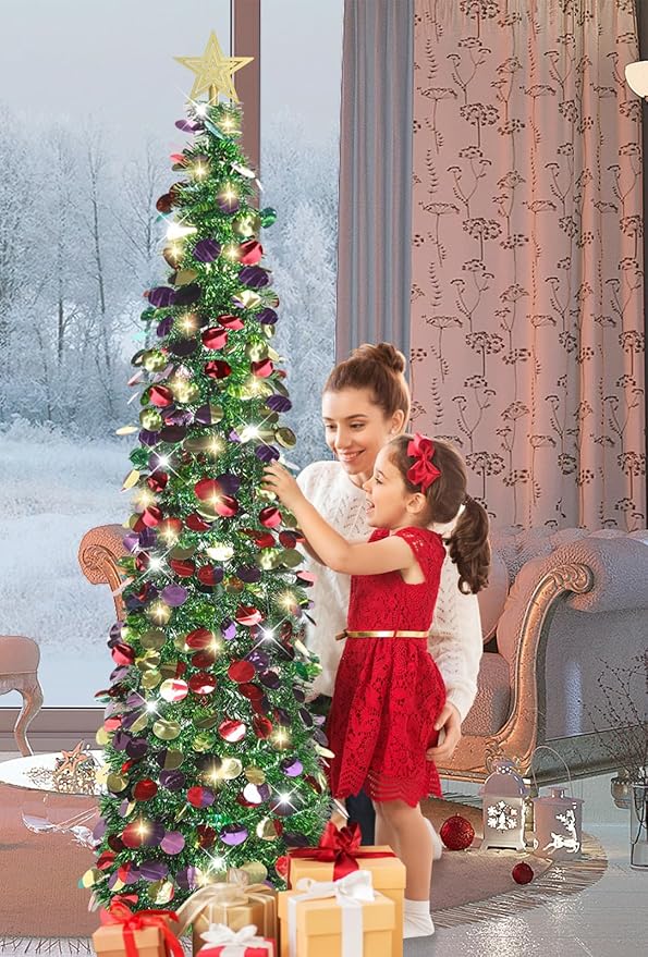 HMASYO 5 FT Pop Up Christmas Tree with Timer Lights, Green Christmas Tinsel Tree, Collapsible Artificial Pencil Christmas Tree for Indoor Home Apartment Porch Holiday Party Decorations