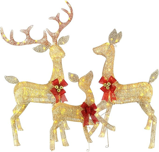 4ft Outdoor Christmas Reindeer Decor Set of 3 with 240 Warm White LEDs, Durable Metal Frame, Weatherproof Plush Fabric for Christmas Home Yard Garden Lawn Decorations, Easy Assembly, Gold