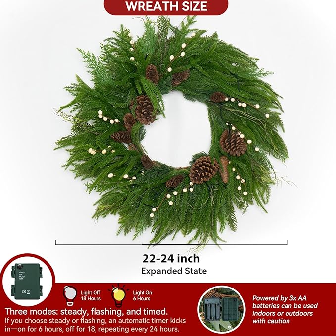 Prelit Christmas Wreaths for Front Door 24 Inch- Real Touch Norfolk Pine Wreath with Lights,Green Evergreen Outdoor Xmas Wreath with Natural Pine Cones and Berries for Farmhouse Home Decor
