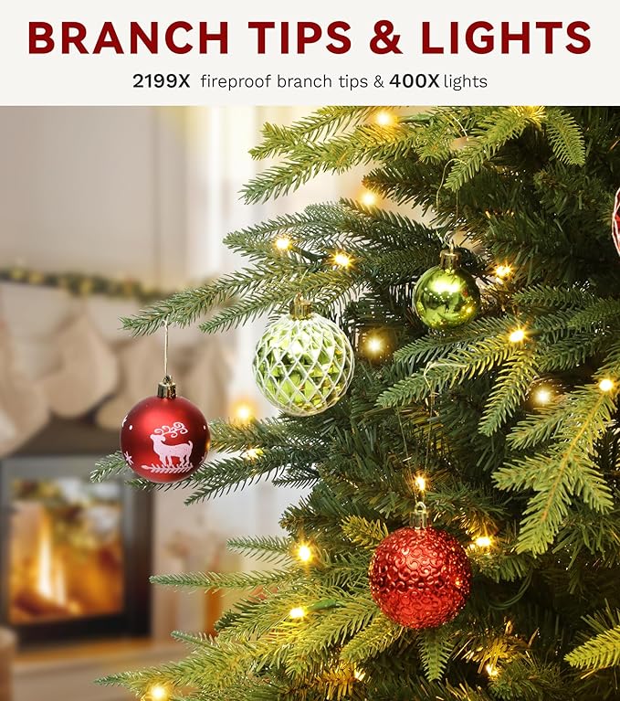 DWVO 7.5ft Pre-lit Artificial Christmas Tree with 2199 Mixed PE & PVC Branch Tips and 400 Lights, Green Christmas Tree, Fit for Home, Office, and Party Decoration