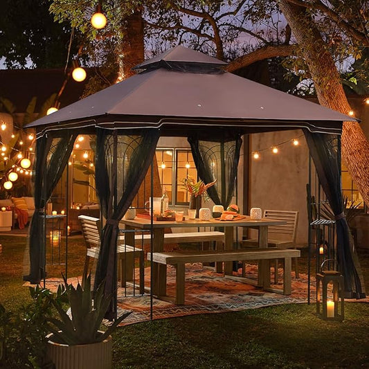 ECOTOUGE Outdoor Gazebo 10'x10', Heavy Duty Canopy Tent with Soft Double Roofs & Metal Corner Frame Shelves, Party Tent Shelter with Mosquito Netting for Patio, Deck, Backyard, Brown