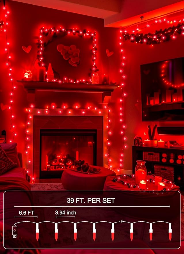Minetom Valentines Decor Red Lights, 39 Feet 100 LED Mini Valentines String Lights USB Operated, Waterproof Tree Lights Indoor for Home Bedroom Holiday Decorations