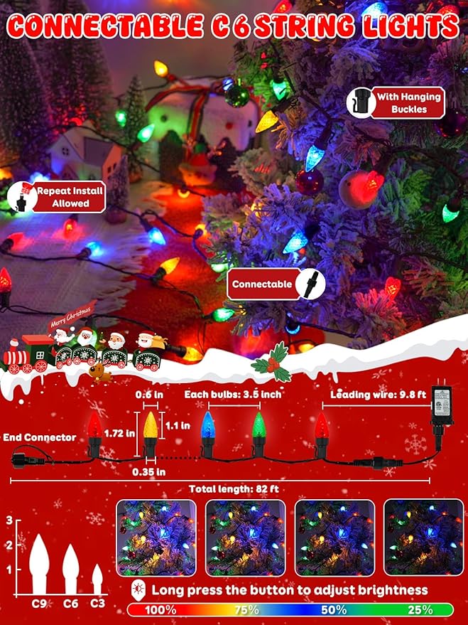 Upgraded 250 LED C6 Connectable Christmas String Lights Multicolor, 82FT Waterproof Christmas Twinkle Light Outdoor, Plug in Fairy Lights Indoor with 13 Modes & Timer for Christmas Tree Decorations