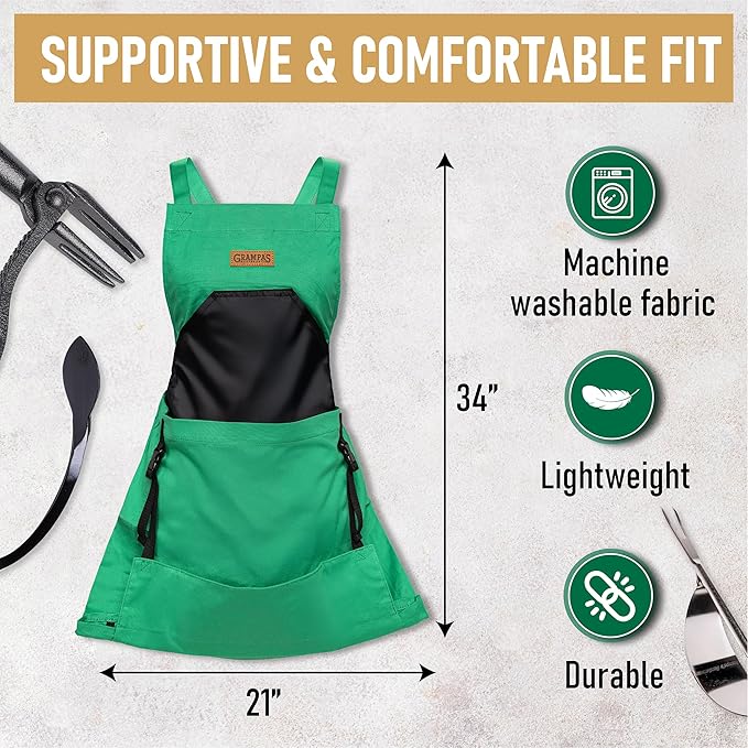 Grampa's Garden Apron - Cross Back Gardening Apron With Pockets For Women & Men | Harvest Apron with Large Kangaroo Pouch