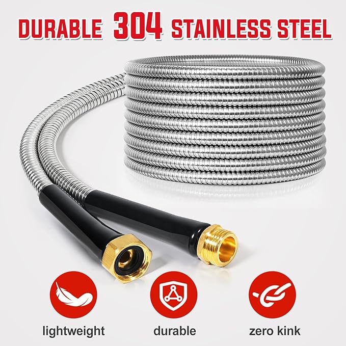 YAMATIC 25FT Stainless Steel Garden Hose with 10 Pattern Spray Nozzle, Heavy Duty Metal Water Hose, Kink-Free, Rust Resistant Hose for Yard, Lawn, RV, Outdoor