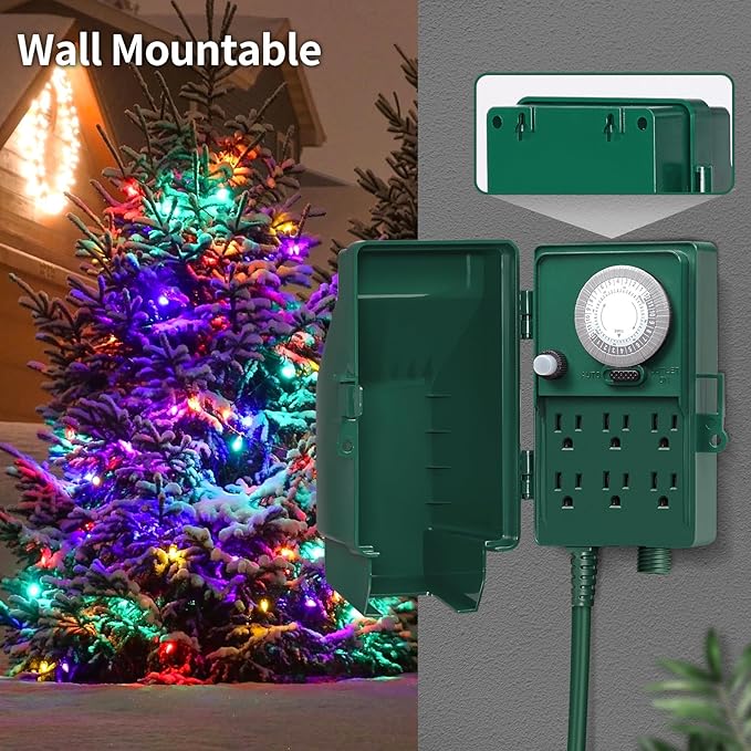 SURAIELEC Outdoor Power Stake Timer, 24-Hour Mechanical Light Timer, Electrical Power Strip Weatherproof, 6FT Extension Cord Multiple Outlet Plug for Patio Lights, Christmas Decorations, ETL Listed