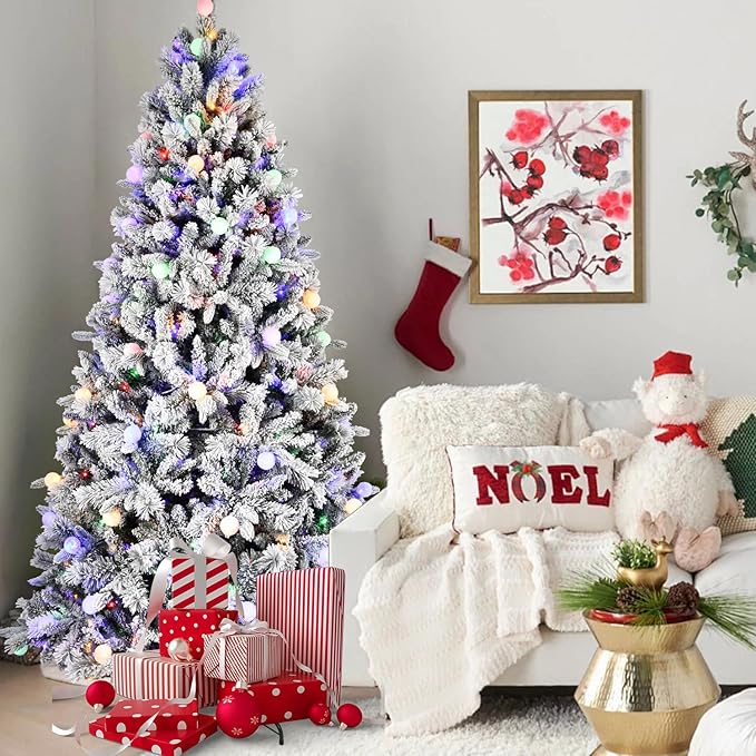 7.5FT Prelit Flocked Christmas Tree with 400 Two Color LED Lights and 45 Colorful Bauble Lights, 10 Flashing Modes, Pre Lit Artificial Christmas Tree with Snow and Memory Wire Technology for Holiday