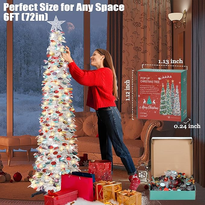 HMASYO 6 FT Pop Up Christmas Tree with 100 LED Lights & Remote, Silver Christmas Tinsel Tree, Collapsible Artificial Pencil Tree for Home Office Party Decor, USB Powered Timer Lights, Easy Assembly