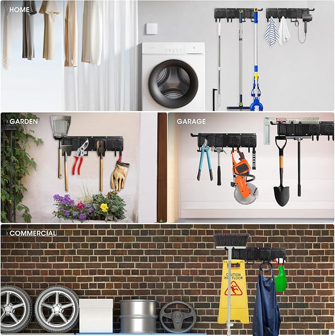 Garage Tool Organizer Wall Mount, Heavy Duty Garage Organization Tool Storage Utility Rack, Sturdy Storage Rack Hanger with Adjustable Hooks, Garden Tool Organizer for Shovel, Rake, Folding Chair