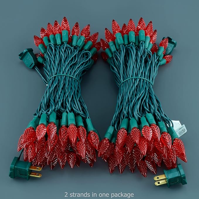 YULETIME Red One-Piece C6 Strawberry Christmas Lights 140 Count 71 Feet, 2 Sets 70 LED 35.5 ft High Waterproof UL Certified String Light (Red)