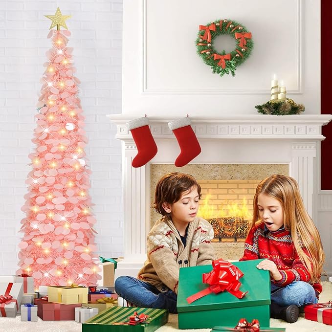 HMASYO 6 FT Pop Up Christmas Tree with 100 LED Lights & Remote, Pink Christmas Tinsel Tree, Collapsible Artificial Pencil Tree for Home Office Party Decor, USB Powered Timer Lights, Easy Assembly