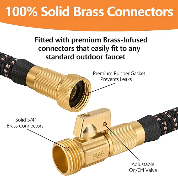 100ft Garden Hose – 2025 Upgarded Expandable Garden Hose w/10 Pattern Thumb Spray Nozzle, 650psi Pure Brass 3/4” Fittings – Lightweight, Durable, and Kink-Free(Black Rose Gold)