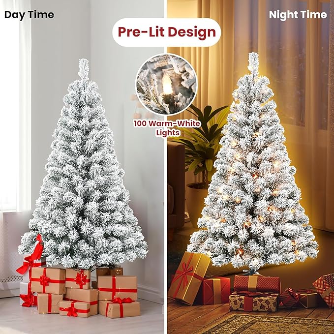 4FT Pre-Lit Flocked Christmas Tree with 100 Warm White Lights, Full White Christmas Tree with Premium PVC Branches,Realistic Snowy Look, Indoor Fake Snow Xmas Tree for Home Office Shops
