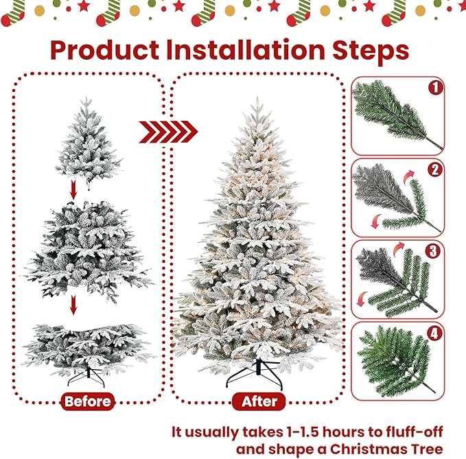 7.5ft Prelit Flocked Artificial Christmas Tree with 3280 PE PVC Tips, Premium Snow Pre-Lit Holiday Xmas Tree with 650 UL Incandescent Lights, Foldable Base for Home Office Part