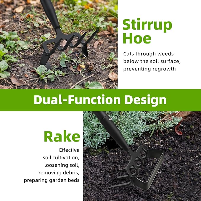 Weeding Hoe Garden Tool, 2 in 1 Stirrup Hoe and Cultivator with 62 inch Adjustable Long Handle, Heavy Duty Metal Garden Action Scuffle Hoes for Efficient Weeding Soil Aeration Small Weeder Tool