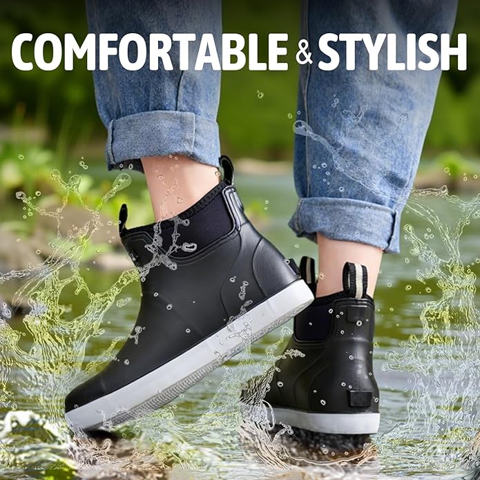Women's Ankle Rain Boots - Slip On Waterproof Festival & Garden Shoes for Men - Comfortable Lightweight Rubber Wellies with Decorative Buckle