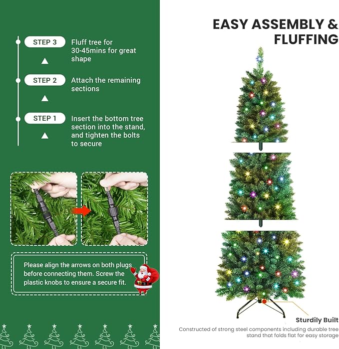 SHareconn 7.5ft Prelit Artificial Hinged Slim Pencil Christmas Tree, with Remote Controlled Multi-Color RGB Lights, Perfect Choice Decoration for Xmas Holiday, 7.5 FT, Green