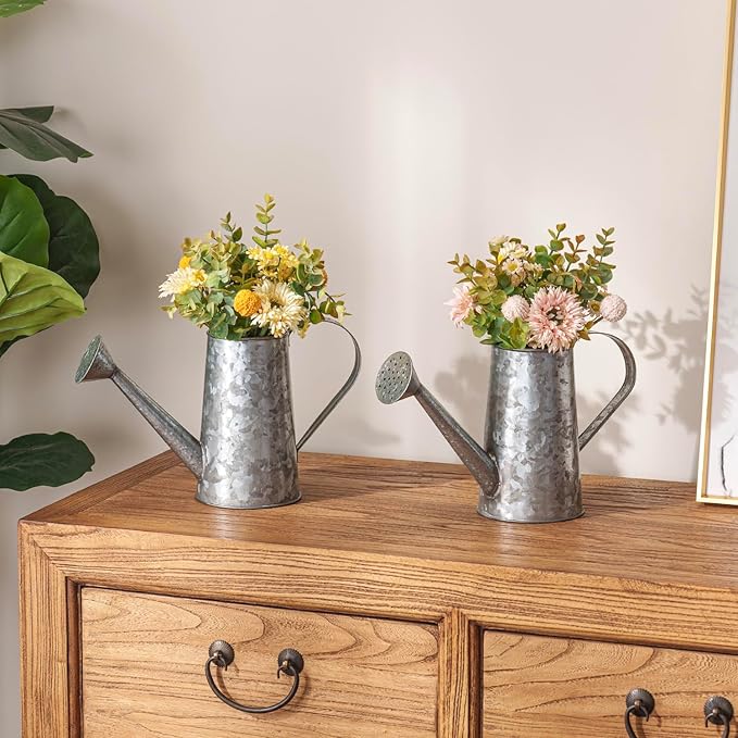 MyGift 7 Inch Small Rustic Galvanized Metal Decorative Vases in Vintage Style Watering Can Design for Dried Flowers and Artificial Plants, Set of 2 - Handcrafted in India