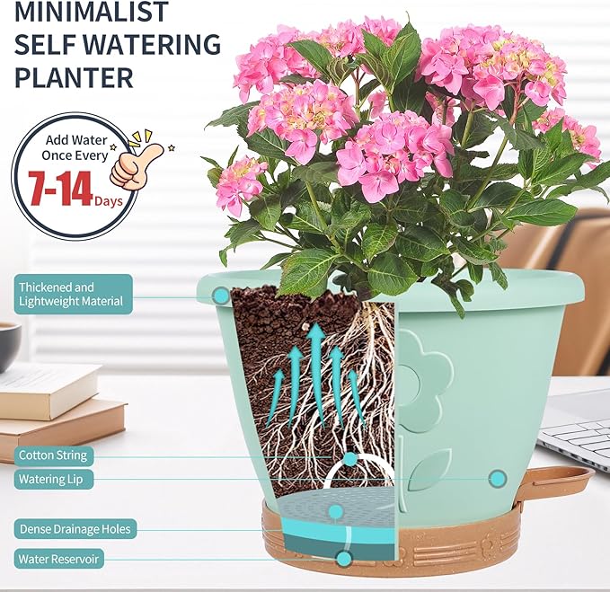 Plastic Plant Pots 10 Inch Set of 4, Self Watering Pots with Drainage Holes, Saucer & Reservoir, Flower Pots for Indoor/Outdoor Plants, Decorative Nursery Planting Pots (Green)