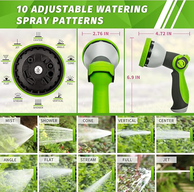 AUTOMAN Garden Hose Nozzle Sprayer - 10 Spray Patterns, Thumb Control On Off Valve, Durable Water Nozzle, Extra 4 Washers, for Watering Garden, Cleaning, Washing Car, Showering Pets Lawngreen