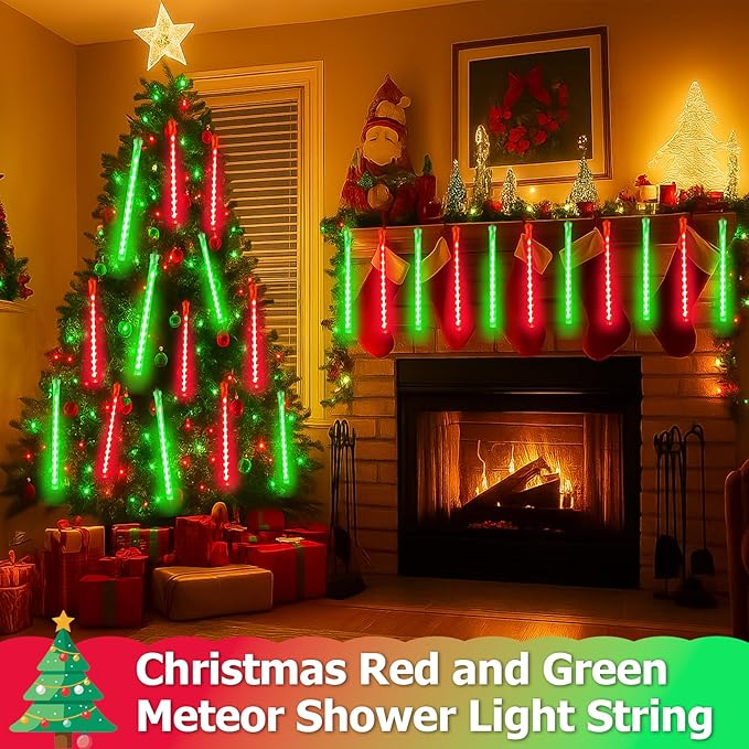 2-Pack Extendable Meteor Shower Christmas Lights Outdoor, 16 Tubes 384 LEDs Waterproof Falling Rain String Lights, Christmas String Lights Outdoor for Tree Garden Holiday Decorations (Red and Green)