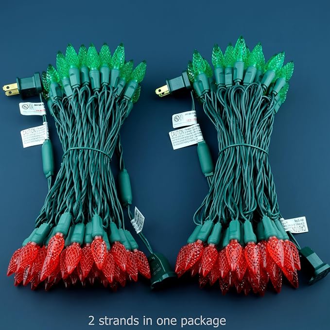 YULETIME Red and Green One-Piece C6 Strawberry Christmas Lights 140 Count 71 Feet, 2 Sets 70 LED 35.5 ft High Waterproof UL Certified String Light (Red & Green)